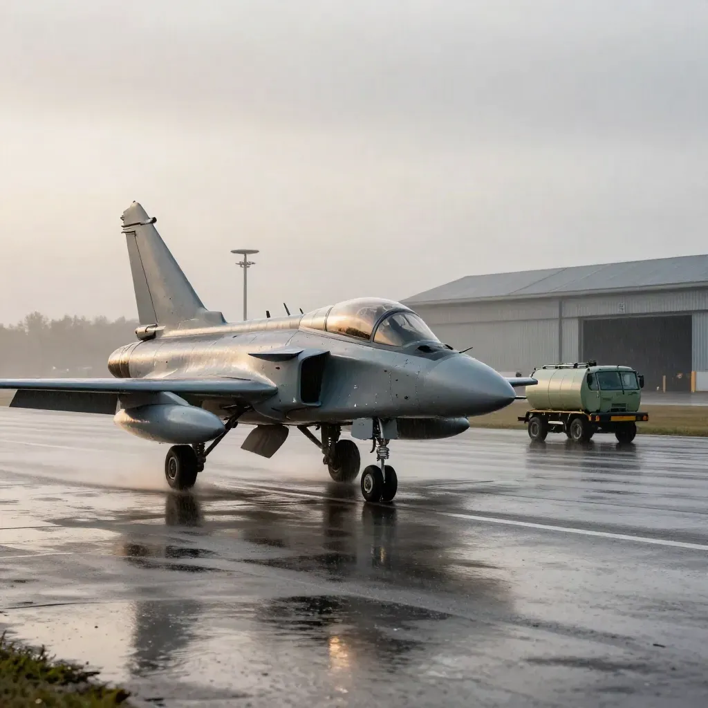 Saab JAS 39 Gripen taxar på våt flygbas i gryning med dimma och regn