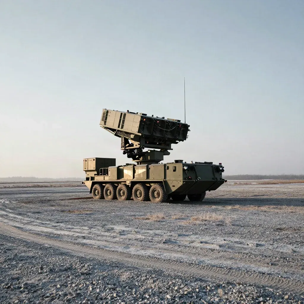 Luftvärnsbatteri med radar och röda markeringsljus på grusfält mot klar vinterhimmel.
