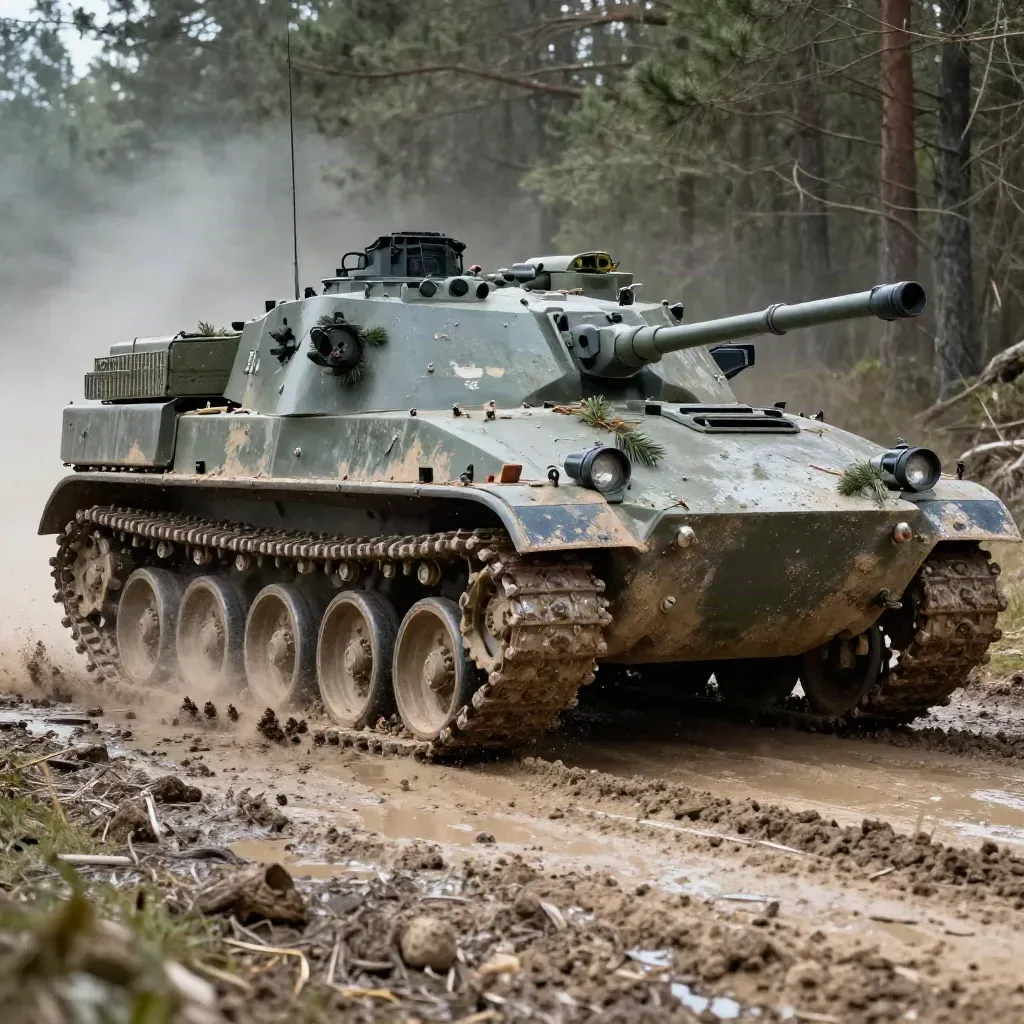 Bandgående stridsfordon 90 kör genom lera på en övningsväg i fuktig skogsluft.