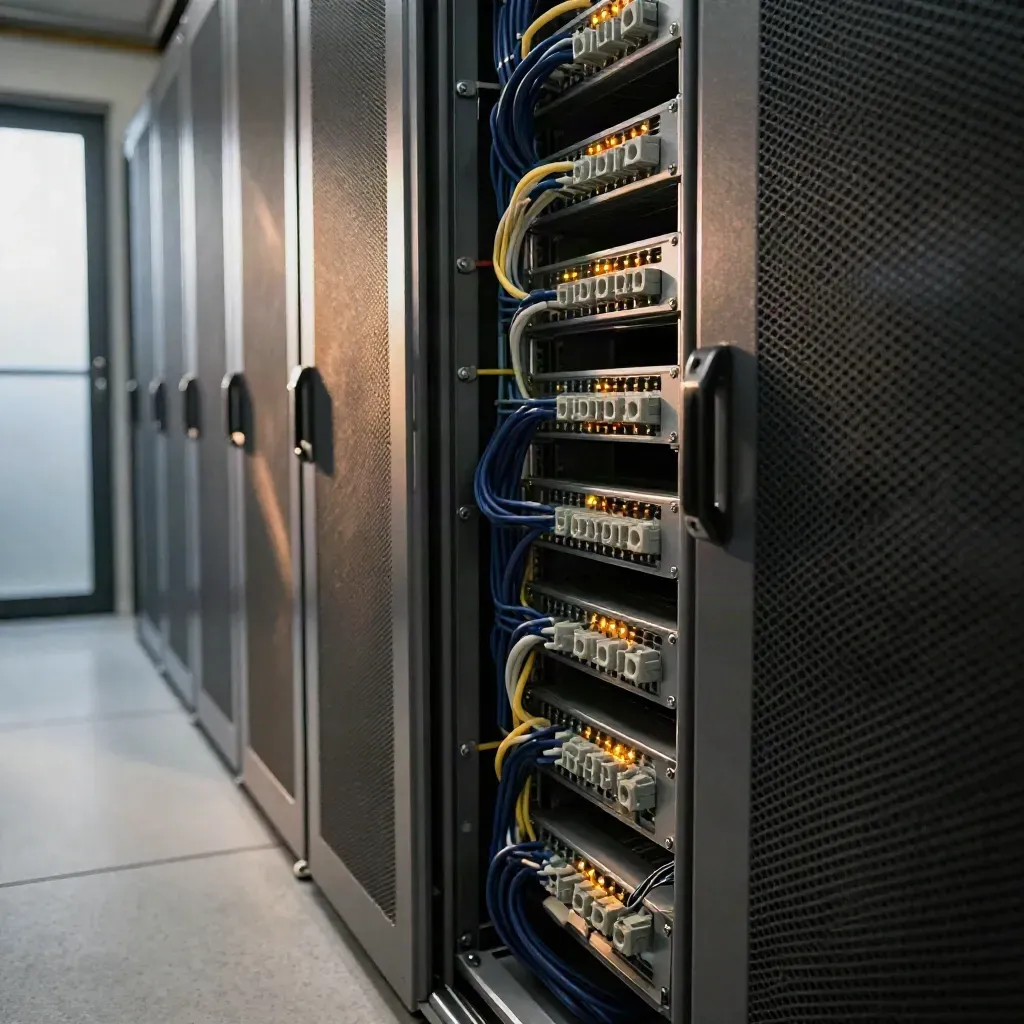 Låsta serverrack med blinkande statuslampor och fiberkablar i ett smalt teknikrum.