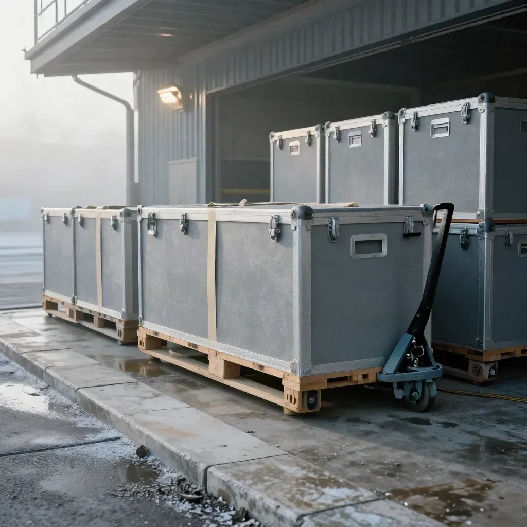 Öppnade grå transportlådor och palltruck vid en kylig lastkaj i morgondimma.