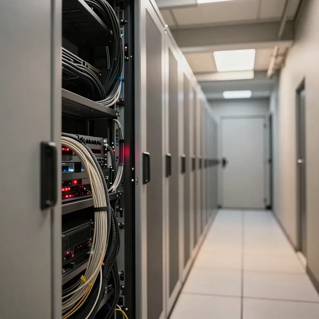 Låst serverhallgång med fiberbuntar och blinkande indikatorer i kallt ljus.