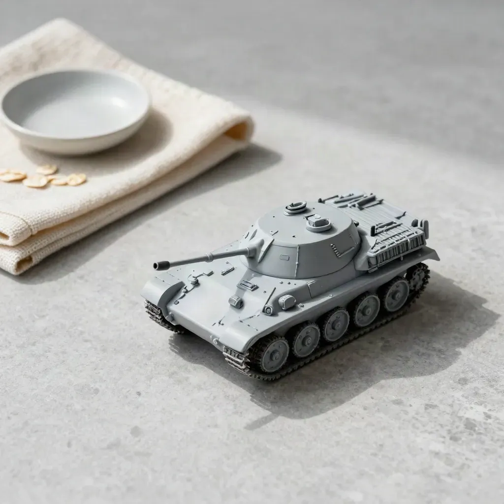 Överhead flatlay med grå pansarvagnsmodell, vikt duk och keramisk skål på stenyta.