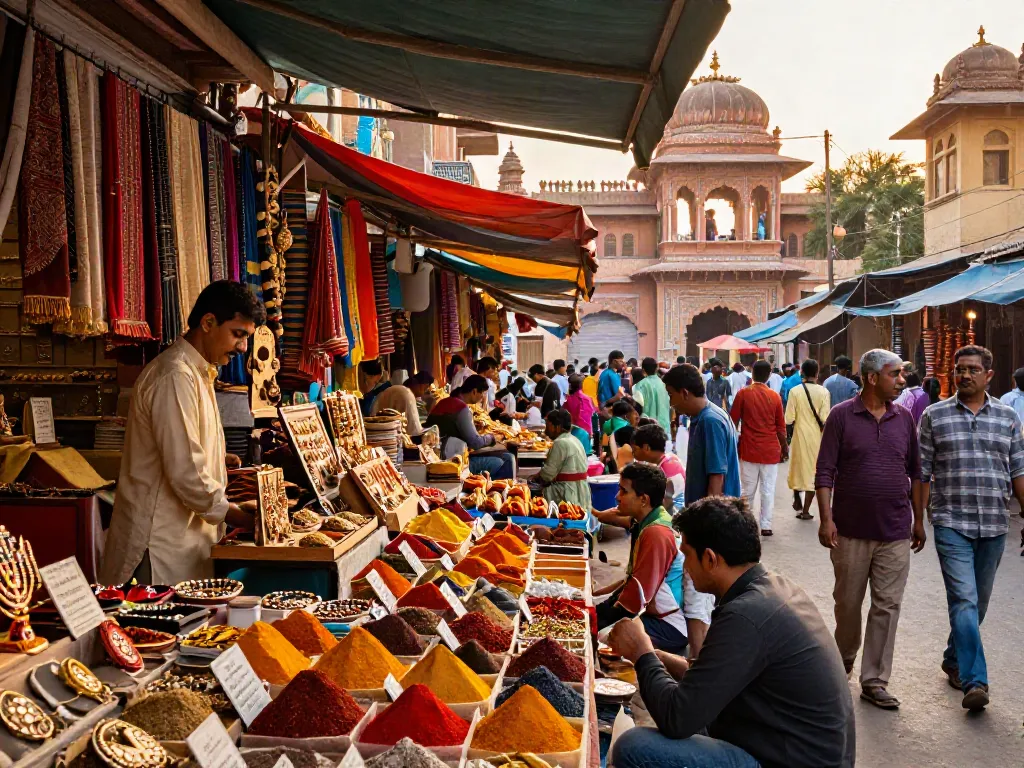 rokok88 travelers exploring a vibrant Indian market filled with colors and culture